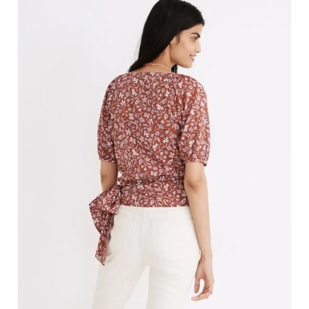 Madewell‎ Puff-Sleeve Wrap Crop Top in Batik Vine weathered brick